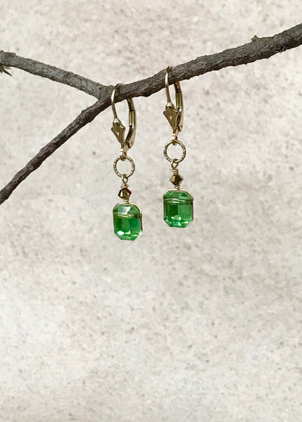 Vintage Emerald Cut Crystal Earrings — SM — Peridot Shade With 24kt Gold Backing