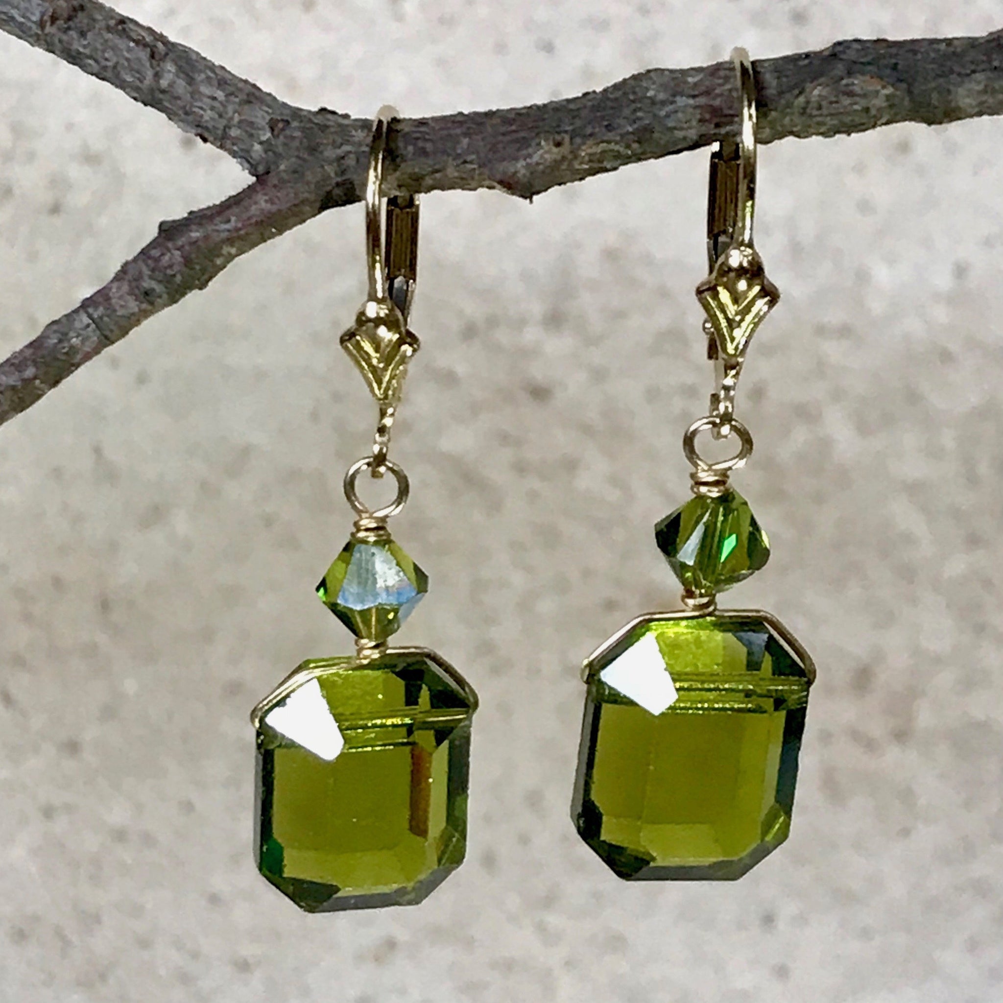 Vintage Emerald Cut Crystal Earrings — L — Olivine