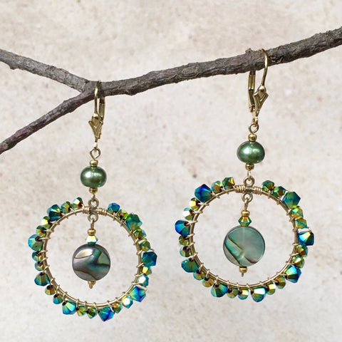 Bella M Earrings — Abalone, Crystals and Pearls, oh my!