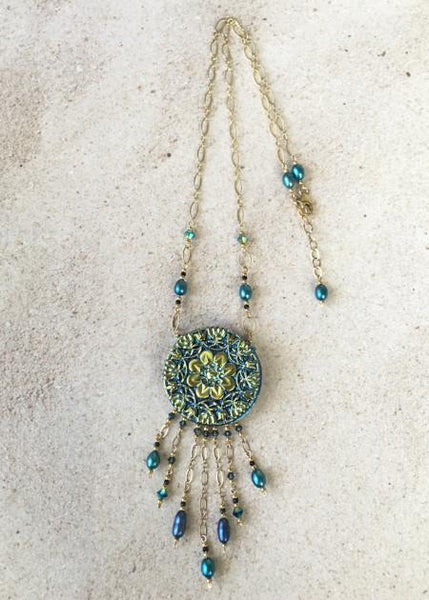 Turquoise Lace Pendant Necklace — Bolo Style